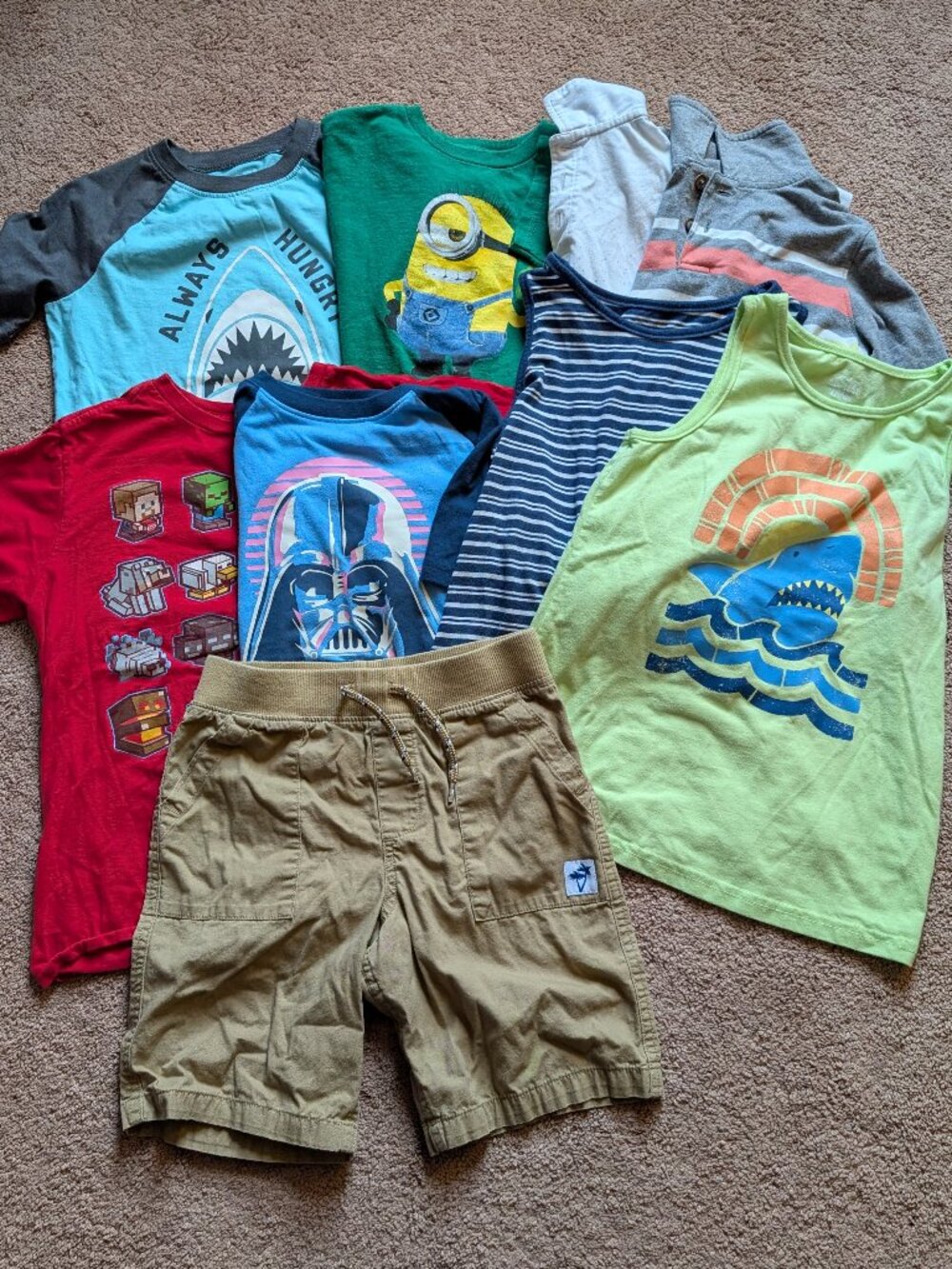 Lot of 9! Sz 7 4 Tshirts 2 polos 2 tanks 1 pair of shorts Minecraft Darth Vader
